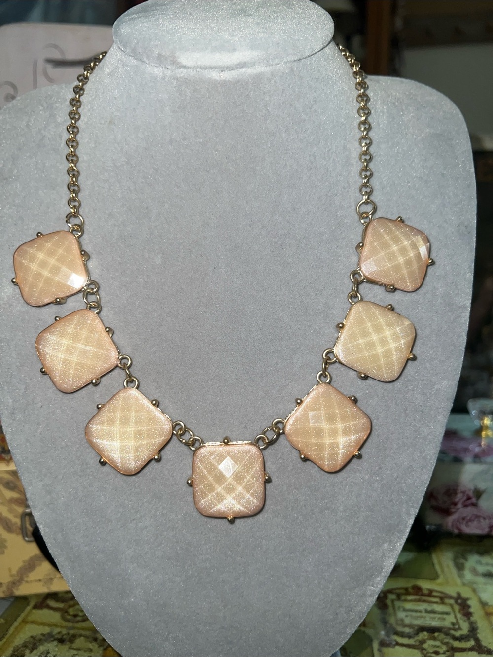 Peach Gold-Tone Statement Necklace - Elegant Square Pendant Design